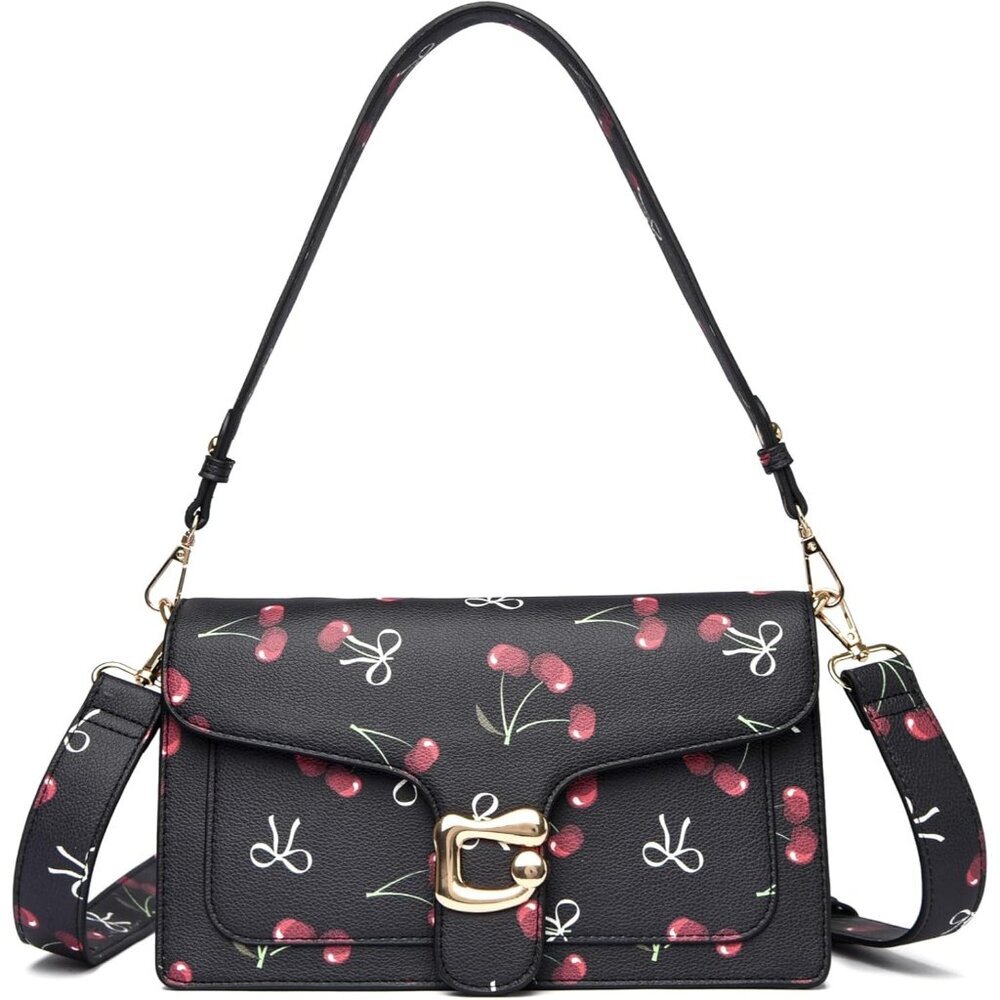 Women Cherry Black Imported Leather Trendy Small Cross Body Evening Handbag